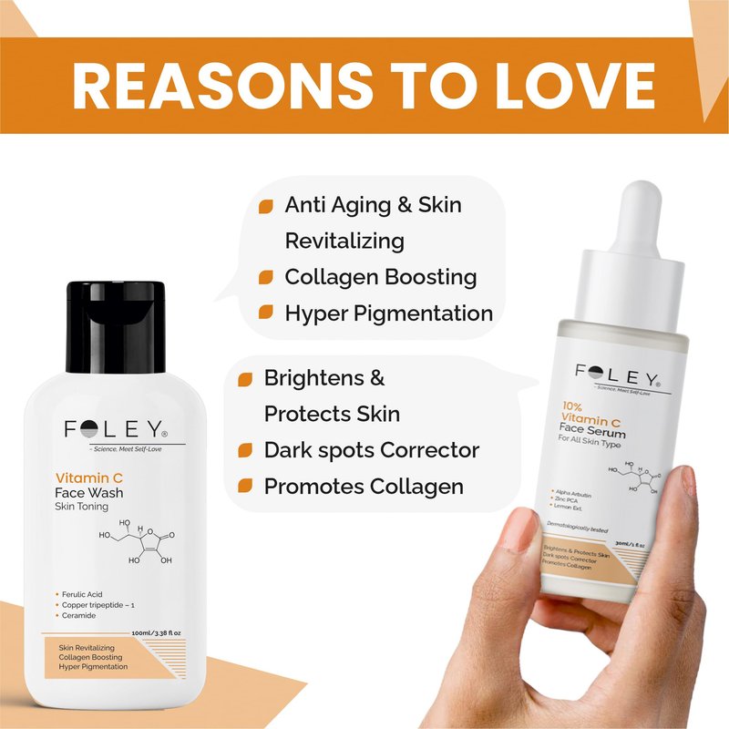 FOLEY Skincare Combo – Vitamin C Face Wash (100 ml) & 10% Vitamin C Face Serum (30 ml) – Daily Cleansing & Brightening Routine for All Skin Types
