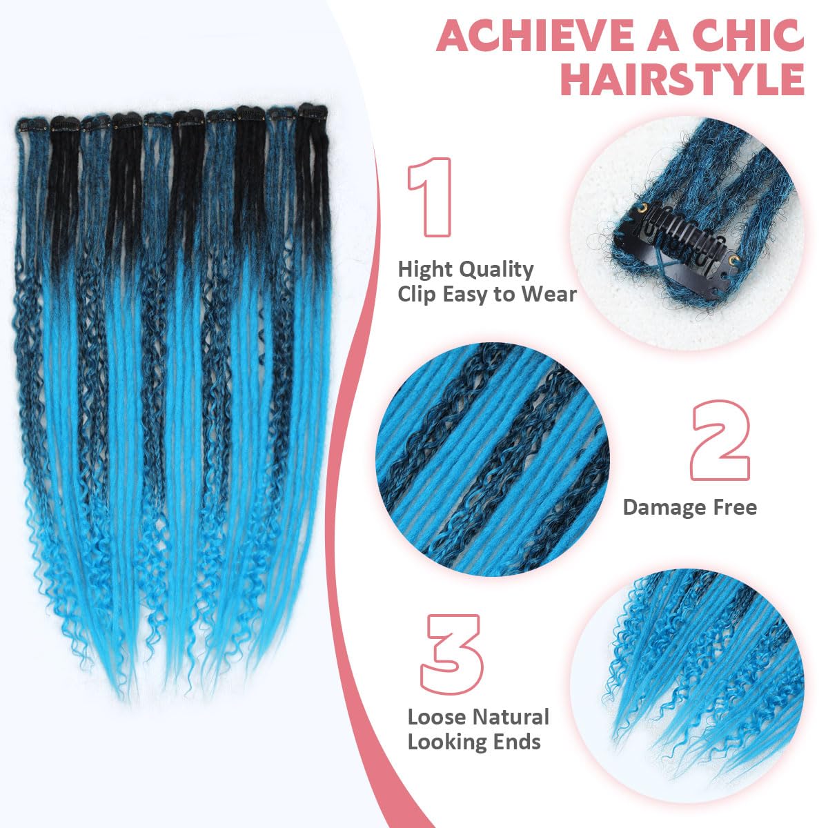 24 Inch Clip in Dreadlock Hair Extensions 10Clips 40 Strands Mixed Synthetic Dreads Extensions for Women,Handmade Soft Straight Boho Wavy Dreads,1B/Blue
