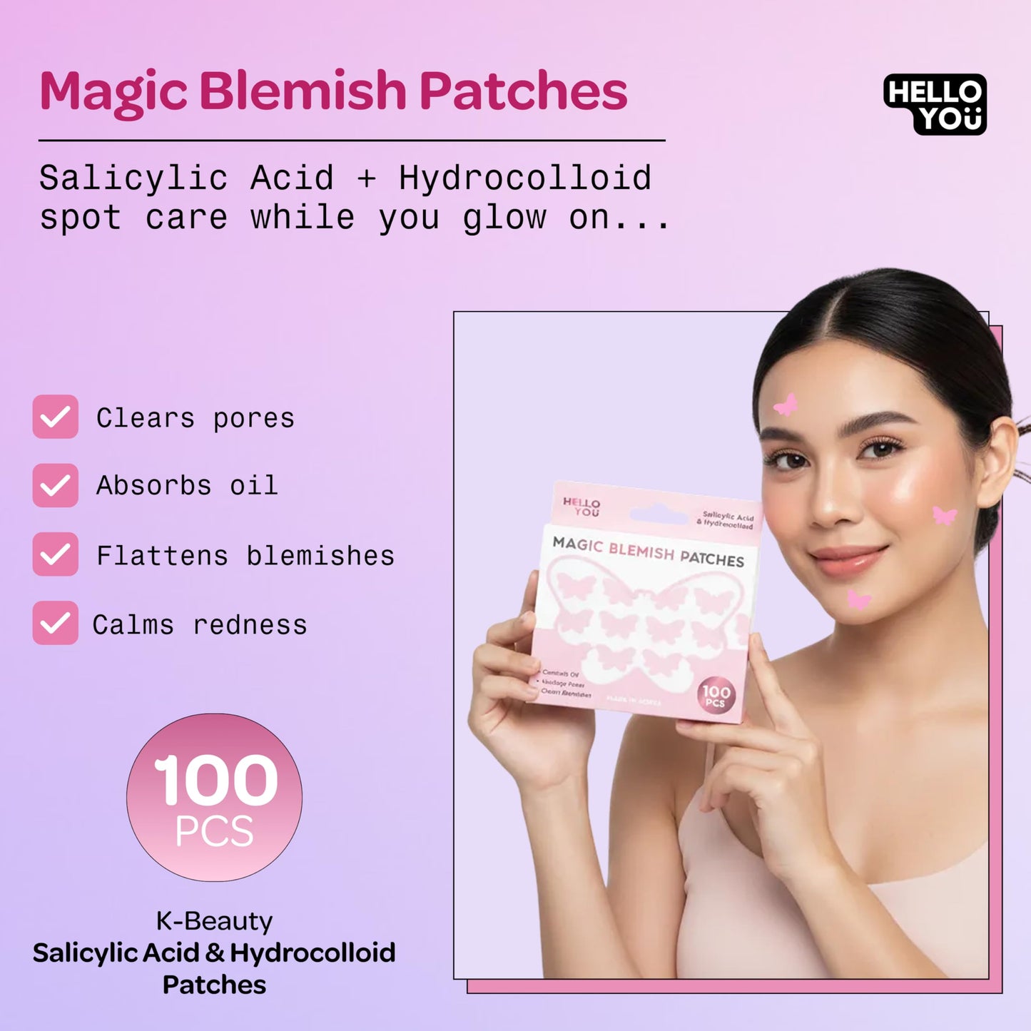 Hello You Salicylic Acid Pimple Patches For Face - Oil Absorbing Hydrocolloid Spot Covers For Breakout-Prone Skin - Dermatologist Tested, Korean Skin Care - Clean Beauty, Vegan 100 Pcs