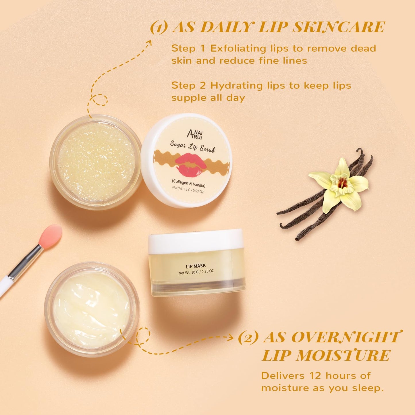 ANAI RUI Lip Mask and Scrub Set, Lip Sleeping Mask & Lip Exfoliator Scrub for Exfoliating, Lip Overnight Treatment, Lip Care Gift Kits for Dry, Chapped & Dark Lips, Holiday Gifts For Girls, Vanilla