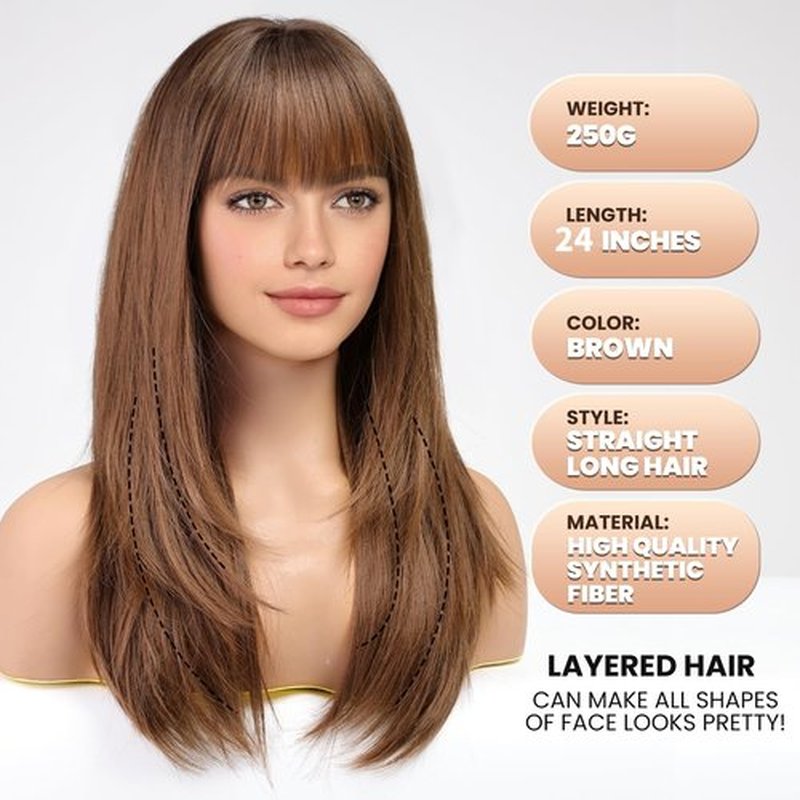 EMMOR Brown Wig With Bangs For Women Long Straight Layered Wigs Synthetic Layered Hairstyle For Girls Party Cosplay And Daily Use(26" Brown)