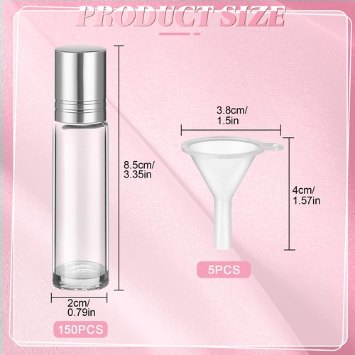Sumind 150 Pcs Essential Oil Roller Bottles 10 ml Glass Roller Bottles with Stainless Steel Roller Balls Empty Bottles Leak Proof Roll on Bottles with 5 Funnel for Travel Essential Oil (Silver)