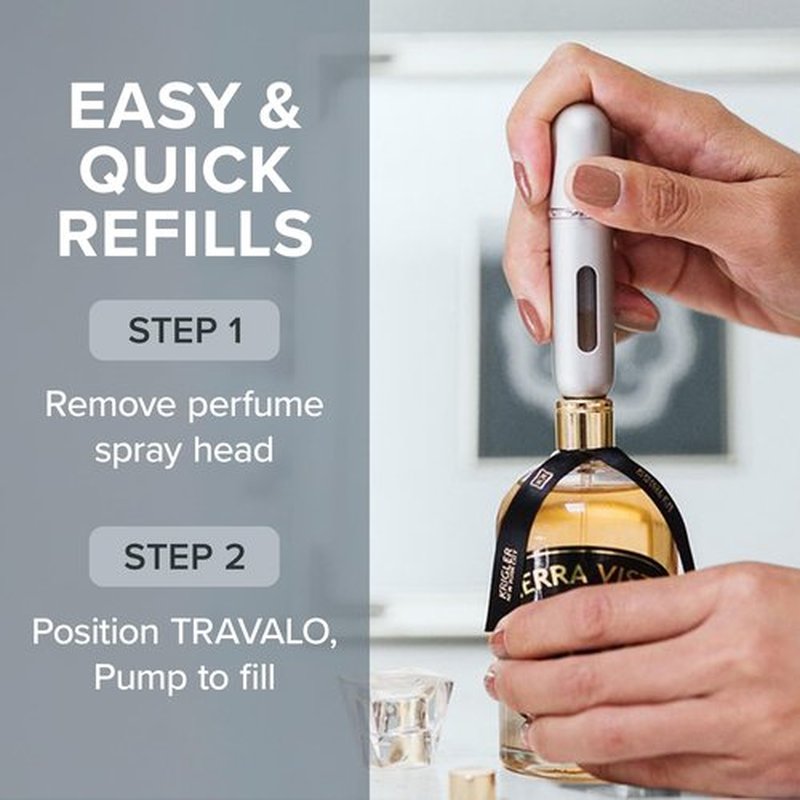 Travalo Classic HD Perfume Atomizer | Genie-S TSA Approved Travel Perfume Bottle Refillable | Reusable Airtight Easy-Fill Mini Pump Sprayer | Lightweight Elegant Design w/Volume Window Silver 0.17oz