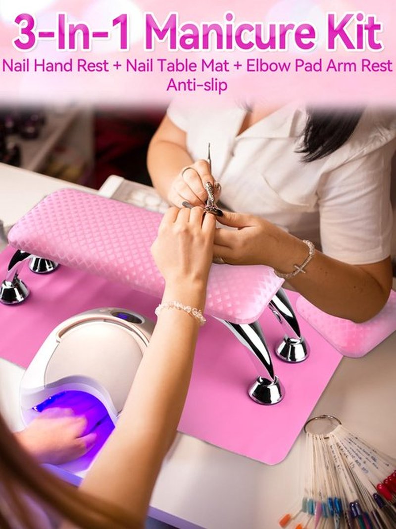 TOROKOM Nail Arm Rest for Acrylic Nails with Nail Pillow Mat Elbow Pad, Nonslip Microfiber Leather Arm Hand Rest Hand Pillow Cushion Nail Set for Professional Nail Tech Use (Pink)