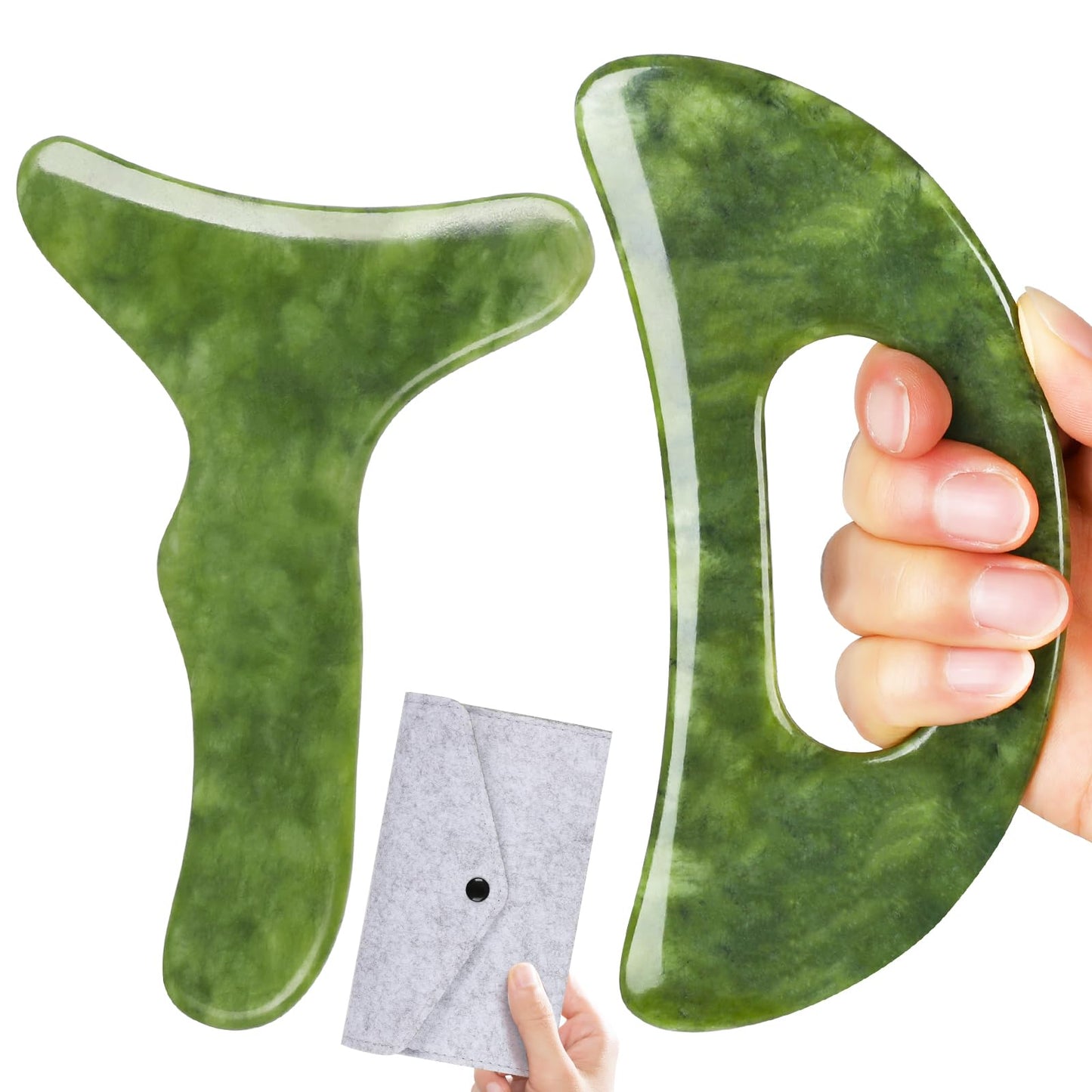 CekPo 2 in 1 Jade Stone Gua Sha Massage Tool, Large Guasha Muscle Scraper Tools Set with Handle Muscle Scraping Massage Tools Anti Cellulite Spa Acupuncture Tools for Back Neck Leg Lymphatic Drainage