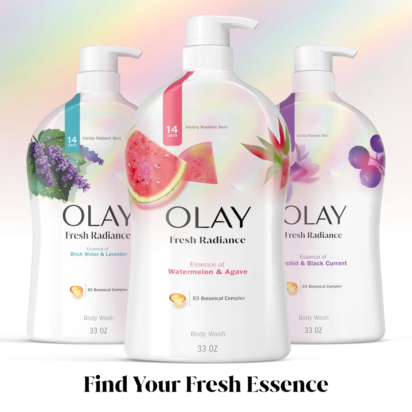 Olay Body Wash for Women, Fresh Radiance, Refreshing & Renewing, Made with Plant Based Cleansers, B3 Botanical Complex, For All Skin Types, Watermelon & Agave Scent, 33 fl oz (Pack of 4)