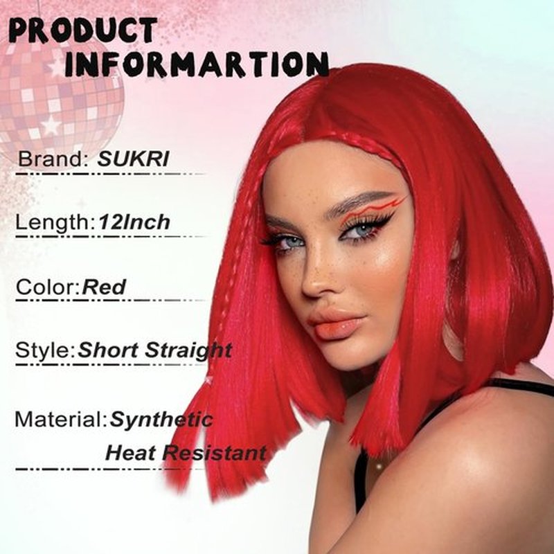 SUKRI Red Bob Wig 12 Inch Middle Part Straight Bob Wigs for Women Heat Resistant Synthetic Wig for Costume Cosplay Halloween Party