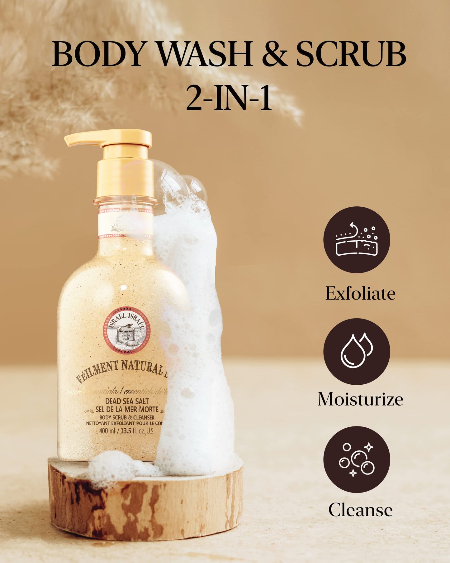 VEILMENT NATURAL SPA DEAD SEA SALT 2-in-1 BODY WASH & BODY SCRUB(13.53fl.oz) - Natural Exfoliating Salt Scrub for Deep Cleansing - Effective on Scars & Wrinkles - Moisturize Skin Polishes