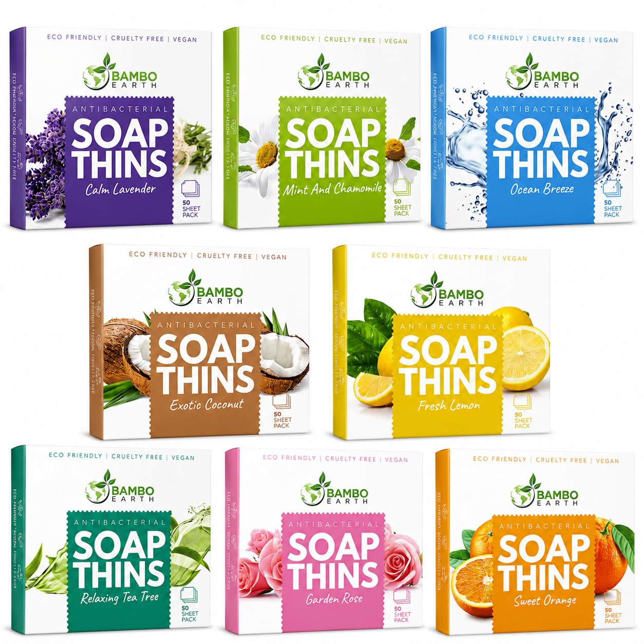 BAMBOEARTH 400 Sheets Paper Soap Strips For Hand Washing - 8 Pack Portable Pocket Travel Soap Thins Dissolvable & Disposable Camping Mini Size Dry SoapSheets For laundry Hands (Variety Pack 8)