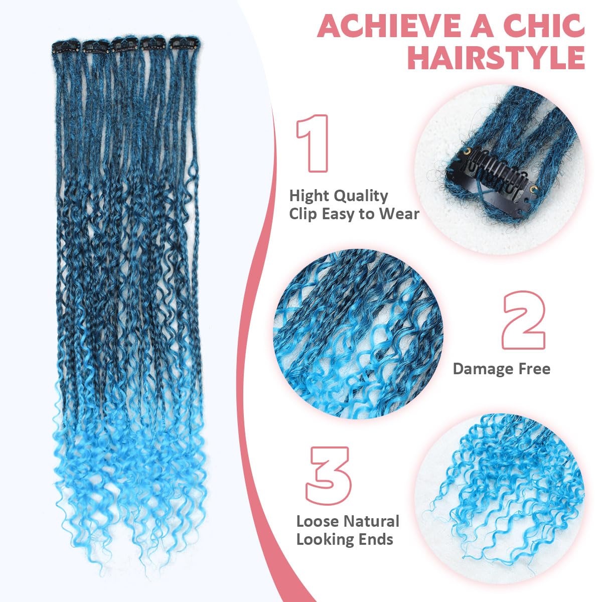24 Inch Boho Clip in Dreadlock Hair Extensions 10Clips 40 Strands Synthetic Handmade Soft Clip In Dreads Extensions for Women,1B/Blue