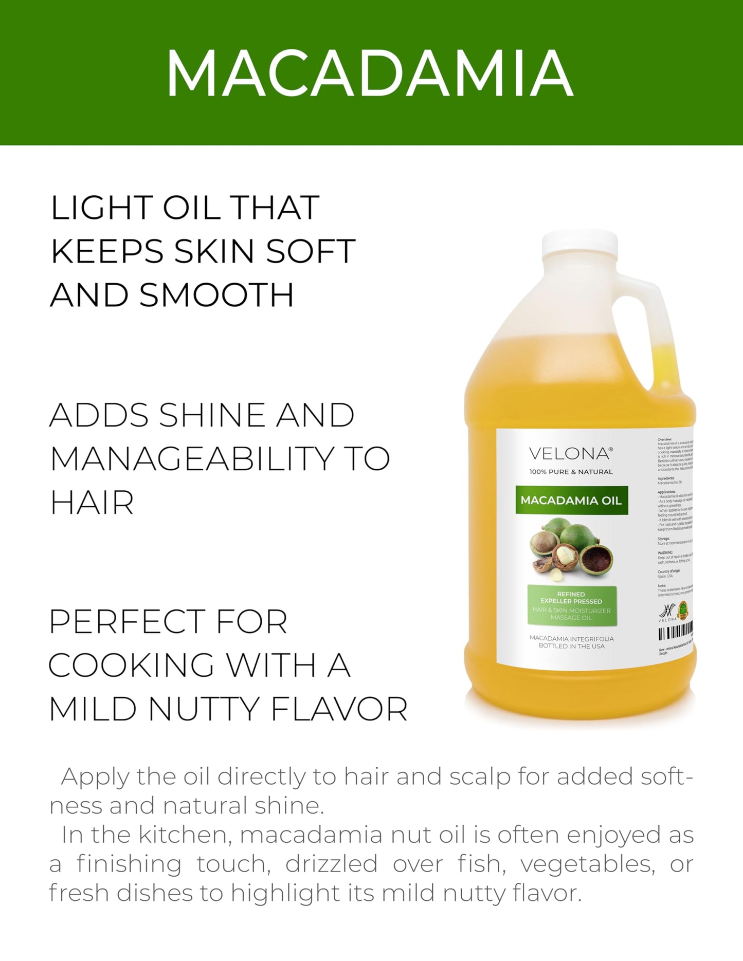 velona Macadamia Nut Oil 64 Fl Oz | 100% Pure and Natural Carrier Oil | Refined | Cooking, Skin, Hair, Body & Face Moisturizing | Use Today - Enjoy Results