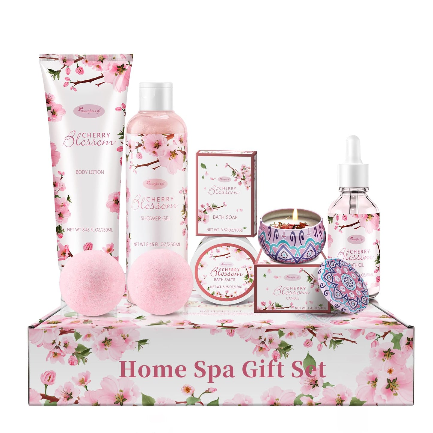 Beautifier Life Bath and Body Gift Set for Women - Luxurious Home Spa Gift Set,Japanese Cherry Blossom 7-Piece Set Including Shower Gel,Body Lotion,Bath Oil,Bath Salt,Soap,Bath Bombs and Candle