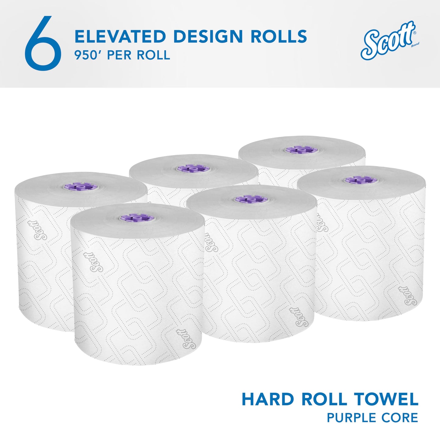 Scott Professional High-Capacity Hard Roll Paper Towels, Bulk (02001), Hardwound, Elevated Design, Absorbency Pockets, White, for ScottBrand Purple Core Dispensers (6 Rolls at 950' Each, 5,700'/Case)