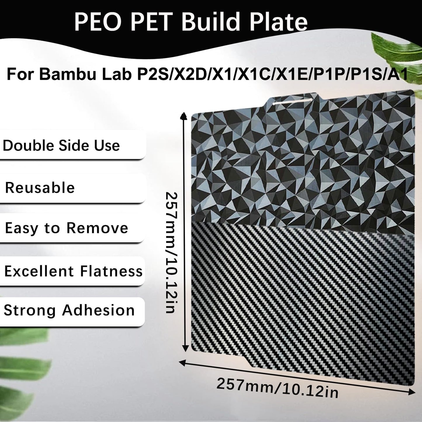 Sahvaim 3D Printer Platform PEO PET Bambu Lab Build Plate for Bambu Lab X2D/P2S/P1S/P1P/A1/X1C/X1/X1E,257x257mm Diamond +Carbon Fiber Spring Steel Plate Sheet Flexible 3D Printing Bed Plate