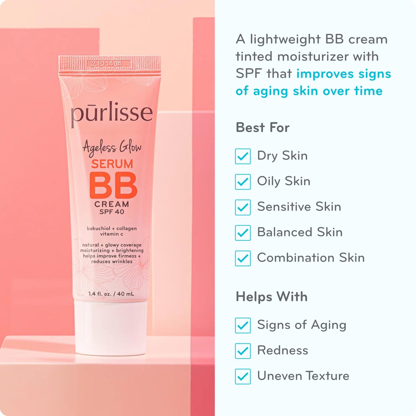 pūrlisse Ageless Glow Serum BB Cream SPF 40 - Glowy Tinted Moisturizer with SPF - Korean Skin Care Formula with Vitamin C & Bakuchiol to Firm, Brighten & Even Skin - Light (1.4 oz)
