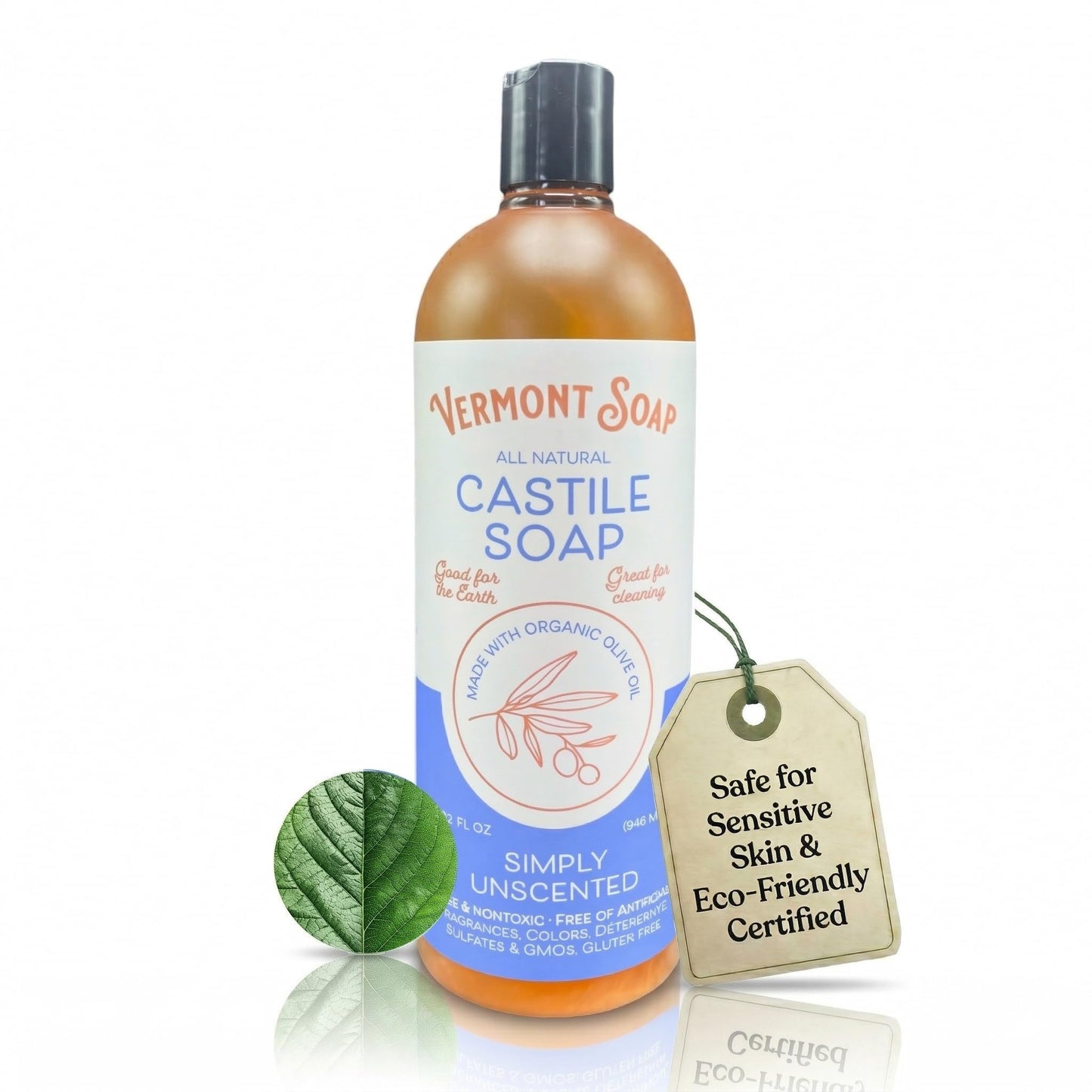 Vermont Castile Soap Unscented, Gentle Liquid Soap for Sensitive Skin & Natural Body Wash, Organic Hair Shampoo for Oily Hair, Aloe Castile Soap for Men & Women - 32 oz