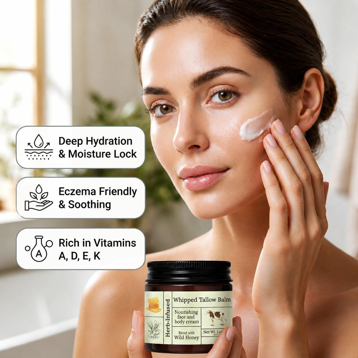 2PCS Beef Tallow for Skin, Grass-Fed Beef Tallow Balm with Raw Honey, Whipped Tallow Face & Body Cream, Natural Moisturizing Tallow Balm, Hydrating Organic Skin Care for Dry, Sensitive & Mature Skin
