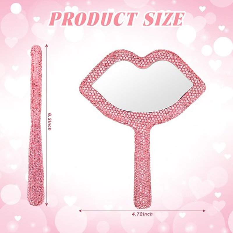 Tatuo 2 Pcs Rhinestone Mirror Handheld Bling Heart Lip Shaped Mirror Glitter Cosmetic Hand Mirror with Handle Portable Cute Travel Makeup Lash Mirror for Women Girls(Pink and White, Lip)