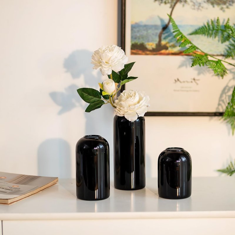 Black Glass Vases Set of 12 - Unique Modern Decor for Flowers | Minimalist Bud Vases for Living Room