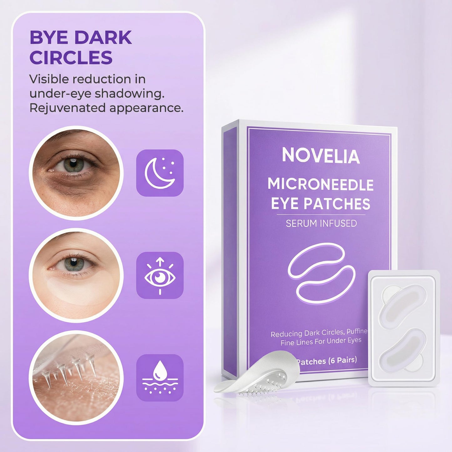 TAWODIUM Novelia Micro Eye Patches, Microglow Undereye Patches, Hyaluronic Acid Serum Infused Eye Masks, Reduce Puffy and Dark Circles, Firming Smile Line, Hydrating & Smoothing Skin (6Pairs) (1 Box)