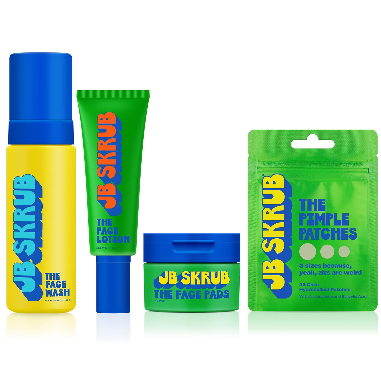 JB SKRUB Boys Acne Skincare Kit for Teens, Complete 4-Step Routine: Face Wash, Face Lotion, Cleansing Pads and Pimple Patches, Starter Set