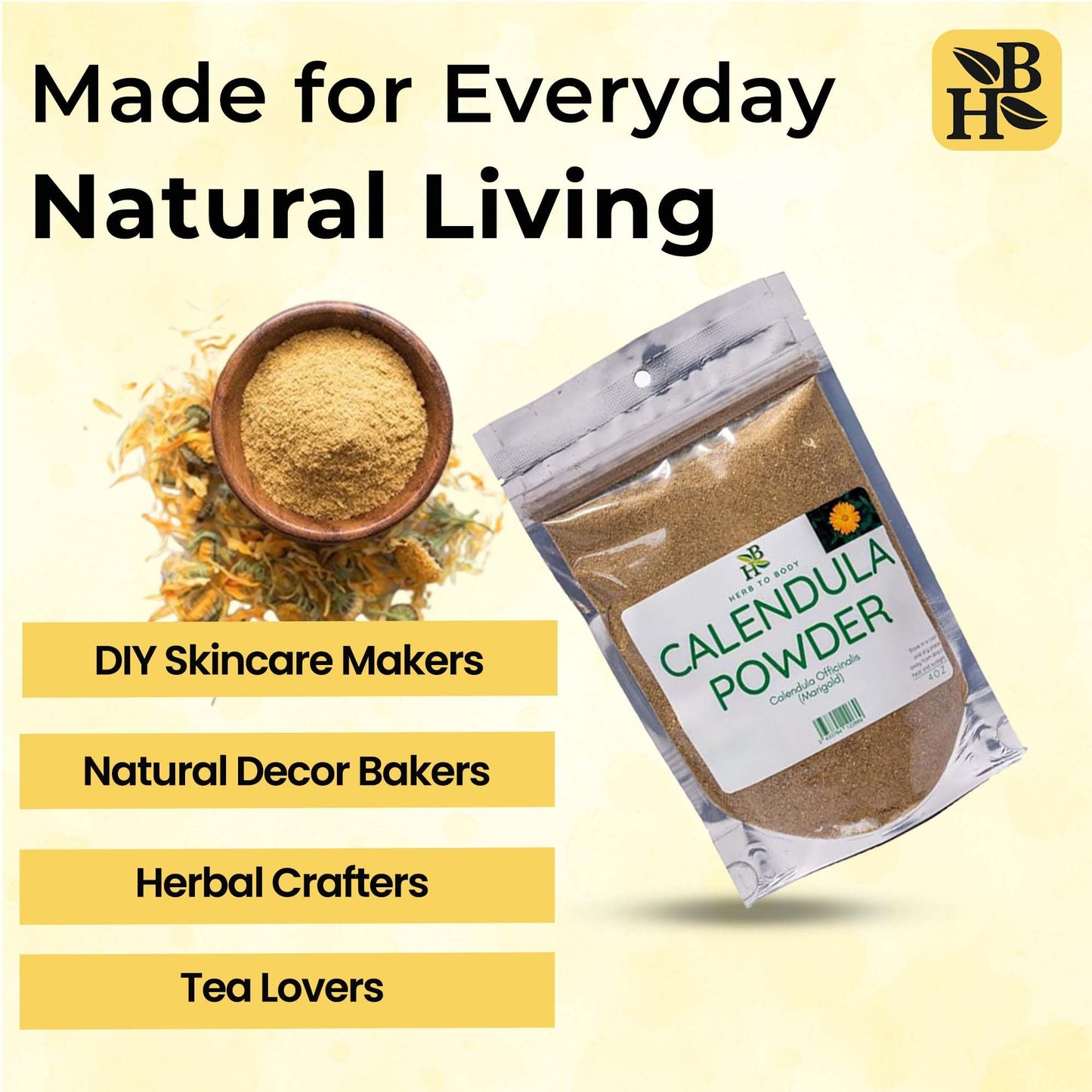 Herb To Body Calendula Powder – 4 oz, Wildcrafted Dried Marigold Flowers Powder for Calendula Tea, Body Care, and Edible Flowers Uses