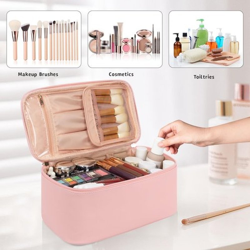 OCHEAL Makeup Bag, Travel Makeup Bag Waterproof Cosmetics Organizer Make Up Bag Case,Toiletry Bag for Women,Large Capacity for Girls Daily Use Dorm Room Storage with Dividers -Pink