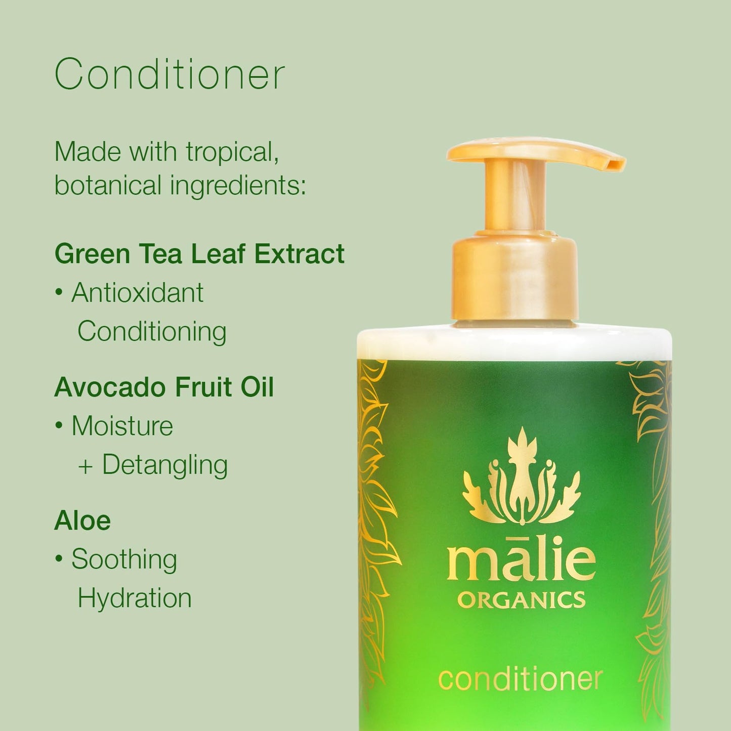 Mālie Organics Conditioner, Kōke‘e Scent, Daily Hydration for All Hair Types, Green Tea Extract + Avocado Oil, Vegan, 14 oz