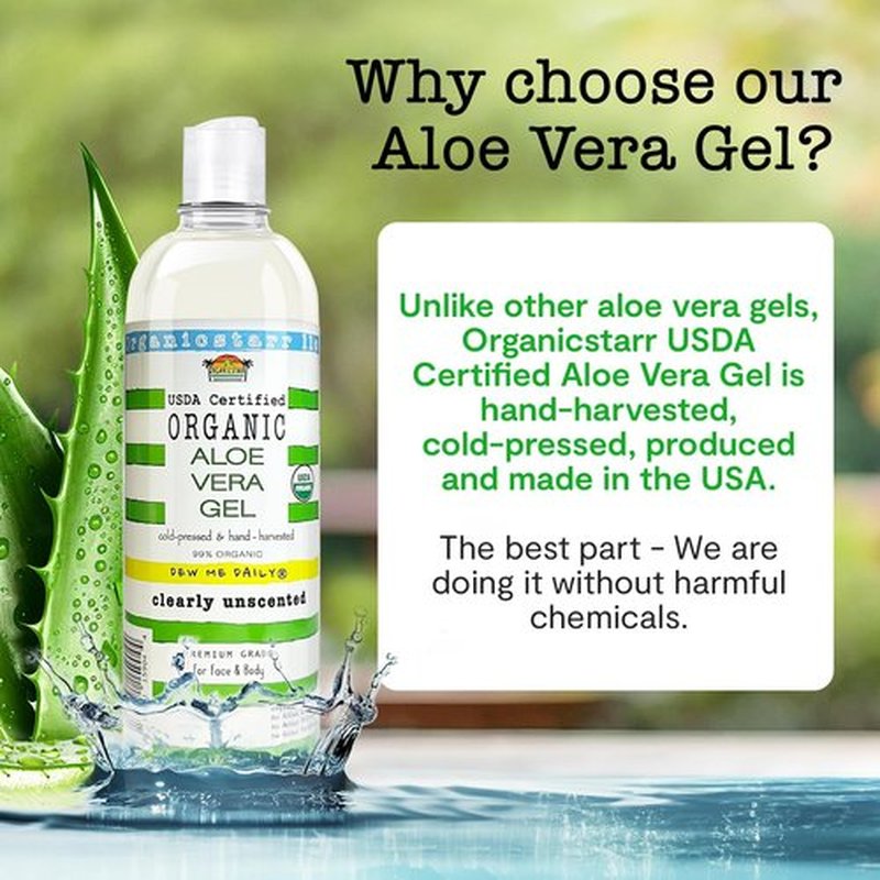 DEW ME DAILY USDA Certified Organic Aloe Vera Gel 12 oz - 100% Pure, Cold Pressed, Hand Harvested, Unscented, Chemical-Free - Skin & Hair Care, Sunburn Relief, Made in USA