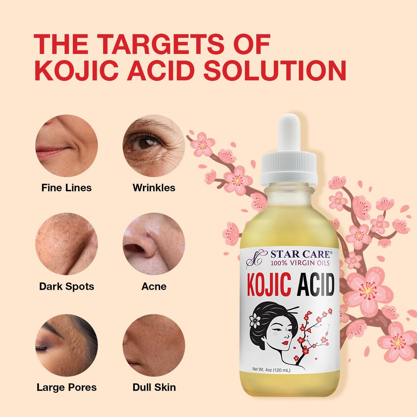 STAR CARE 100% Virgin Kojic Acid Oil, Brightening & Moisturizing Face & Body Oil, Dark Spot Corrector, Even Skin Tone, 4oz / 120ml