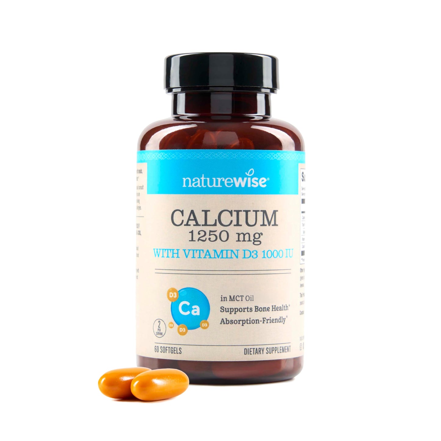 NatureWise High-Purity, All-Natural Calcium 1250mg + Vitamin D3 1000IU + Organic MCT Coconut Oil - Pregnancy Safe + Non-GMO - Absorption Friendly, Gluten Free - 60 Softgels[30-Day Supply]