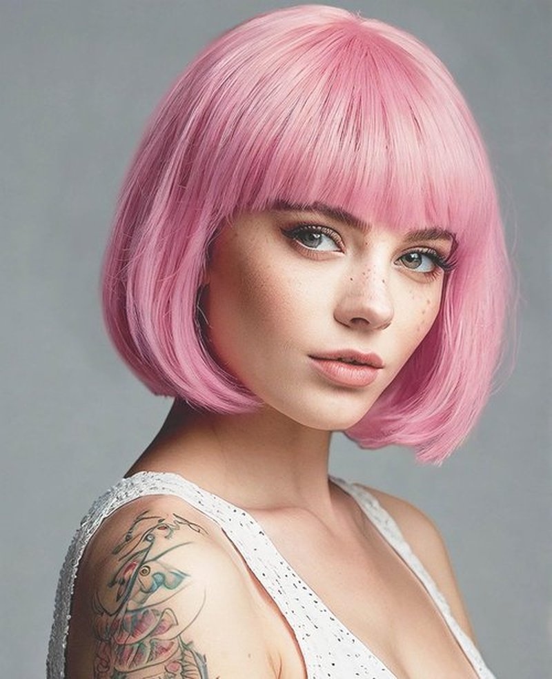 MaxlaceWig Pink Bob Wig with Bangs for Women, 12 Inch Straight Short Synthetic Pink Bob Wigs, Natural Looking Heat Resistant Fiber Bob Wig, Costume Halloween Wigs for Women