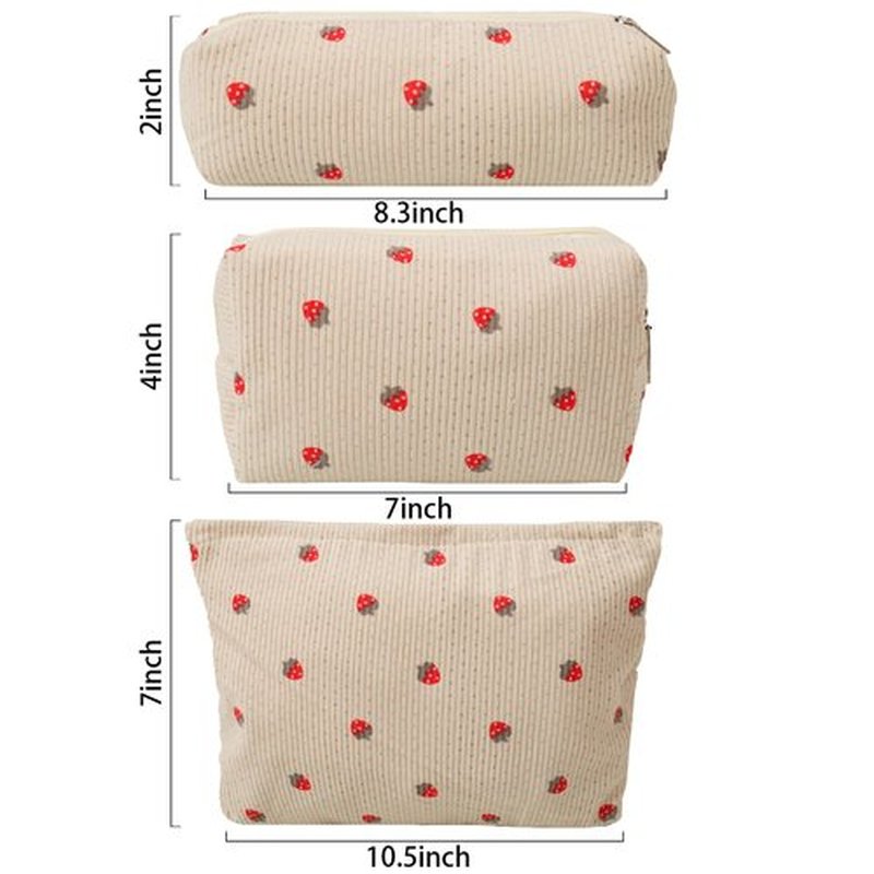 LYDZTION 3Pcs Corduroy Makeup Bag Cosmetic Bag for Women, Strawberry Makeup Bag Cute Small Makeup Bag Storage Bag Travel Toiletry Organizing Bag Pouch,Strawberry