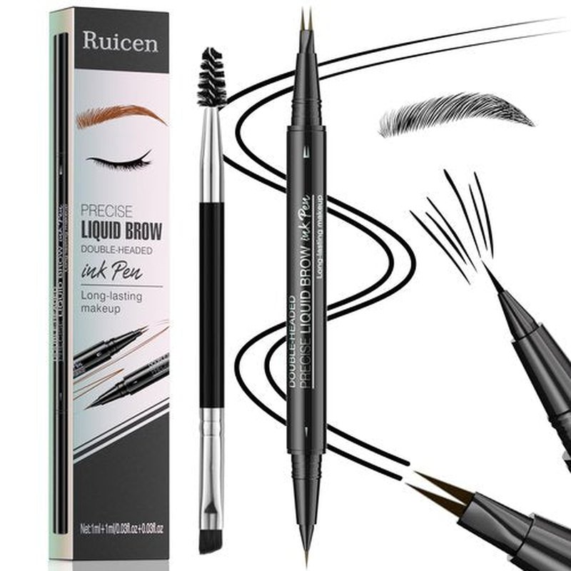 Eyebrow Pen - Eyebrow Pencil, Brow Pencil 2-in-1 Dual-Ended Microblading Eyebrow Pen with Micro-Fork-Tip and Precise Brush-Tip Create Natural Hair-Like Brows, Last All-Day, Black