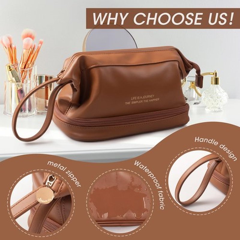 Abiudeng Large Makeup Bag,Waterproof Cosmetic Bag,Make up Travel Bag Essentials,Cute Travel Toiletry Bag for Women Makeup Bag Organizer with Bottom Pouch,Travel Size Toiletries Bag for Women Brown