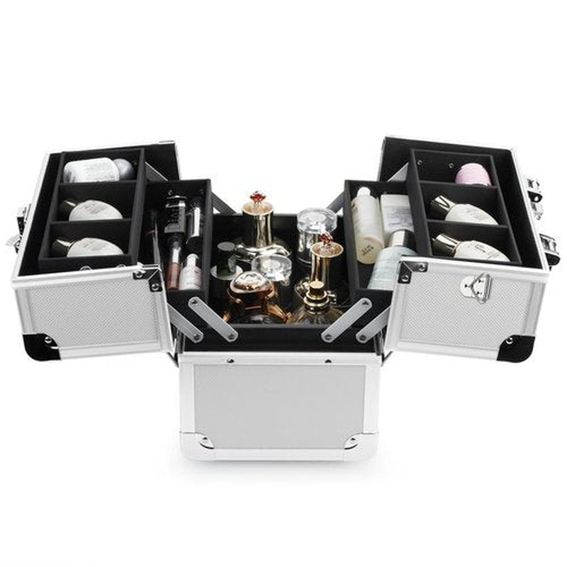 OUDMAY Makeup Case - Professional Portable Aluminum Cosmetics Storage Box With Locks and 2-Deck Folding Trays Silvery Diamond