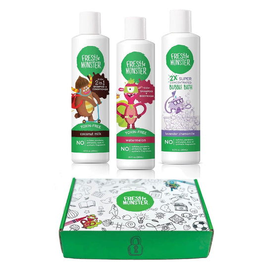 Fresh Monster Kids Bath Gift Set - Natural Shampoo, Conditioner, Body Wash & Bubble Bath (8.5 oz)
