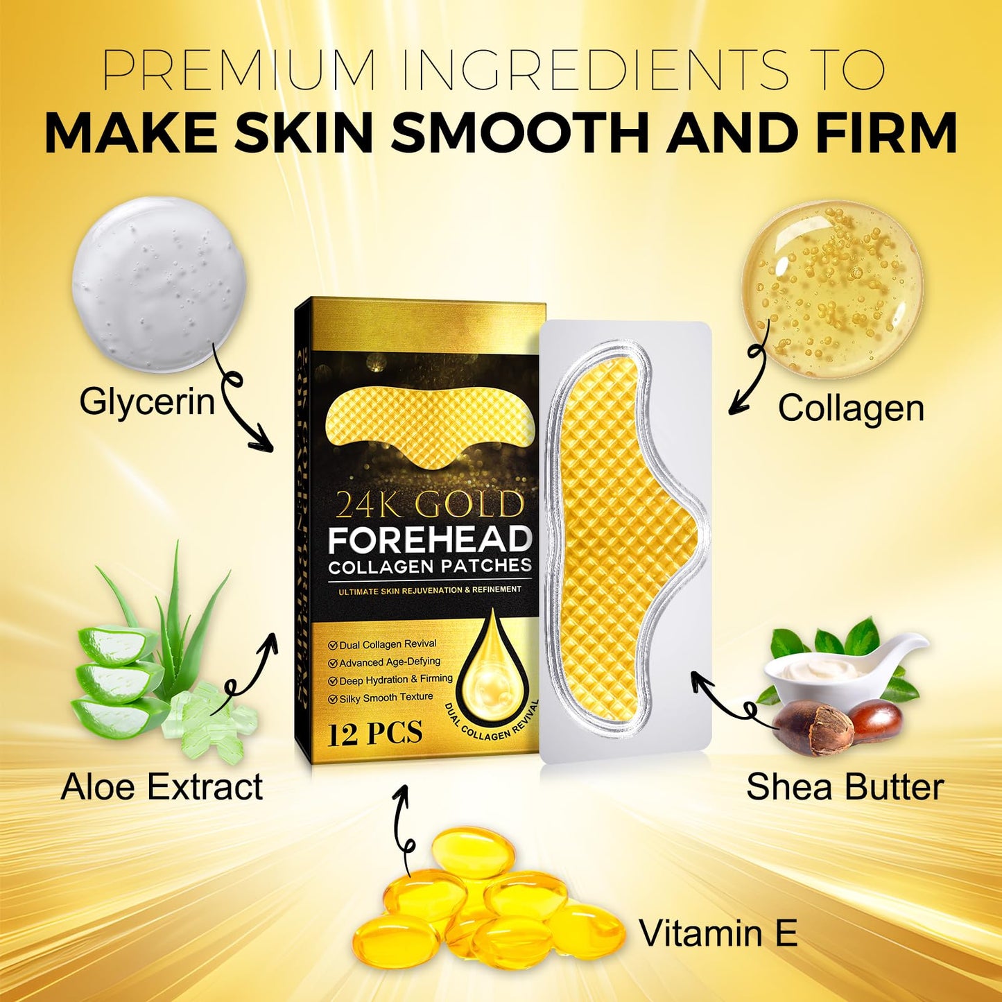 24K Gold Forehead Patches, 20 Minute Wrinkle Smoothing Patches with Dual Collagen & Hyaluronic Acid, Anti Aging Face Patches for Visible Results, Luxury Skin Care Treatment for Fine Lines (12 Pcs)