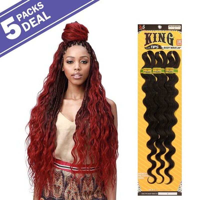 MULTI PACK DEALS! Bobbi Boss Synthetic Hair Braids Pre-Feathered 3X King Tips Body Wave 28" (5-PACK, 1B)