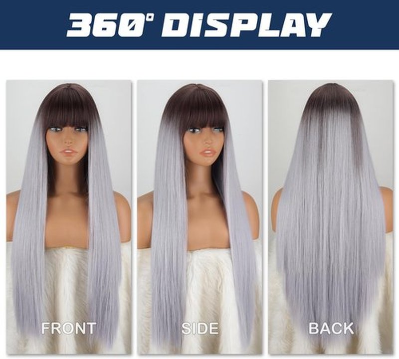 MISSQUEEN Long Straight Brown Omber Grey Wig Brown Omber Grey Blue Wigs with Bangs Natural-Looking Heat-Resistant Synthetic Wigs for Women Girls Daily Party Cosplay Travel Used