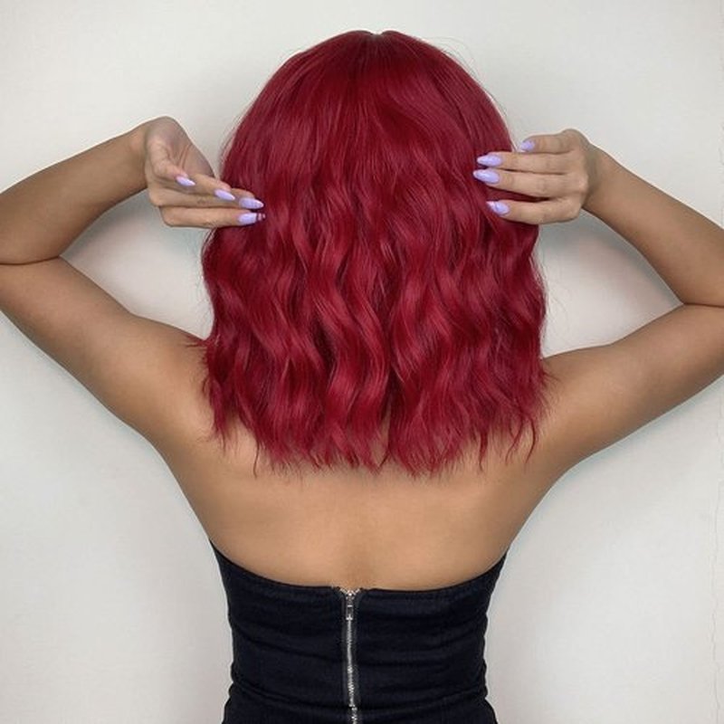 incohair Wine Red Wig with Bangs Women Girls Short Curly Wavy Bob Wig Shoulder Synthetic Halloween Party Wigs Wig Cap Included