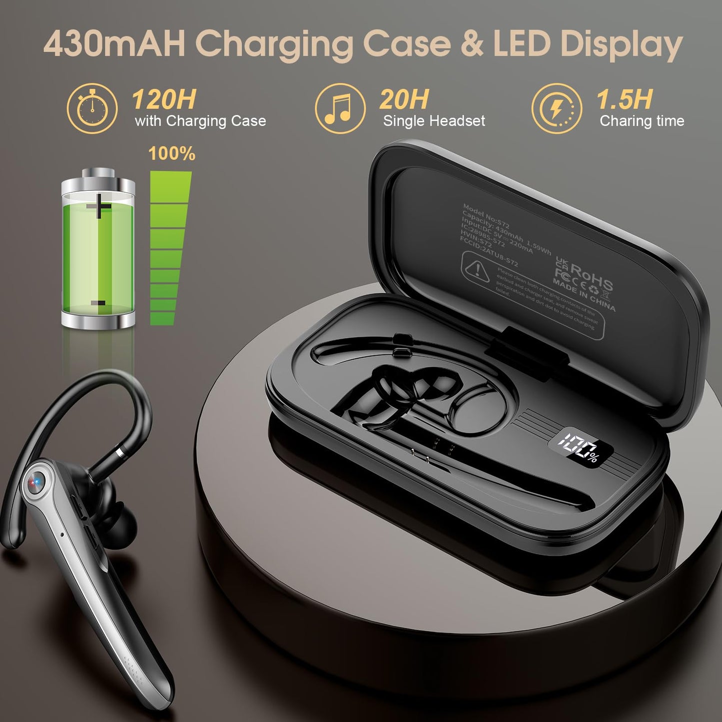Bluetooth Headset, Wireless Bluetooth Earpiece with ENC Noise Canceling Mic, 120Hrs Talk Single-Ear Headphones, LED Display, IPX7, V5.4 Hand-Free Earphone for Business/Trucker/Driver (Bright Black)