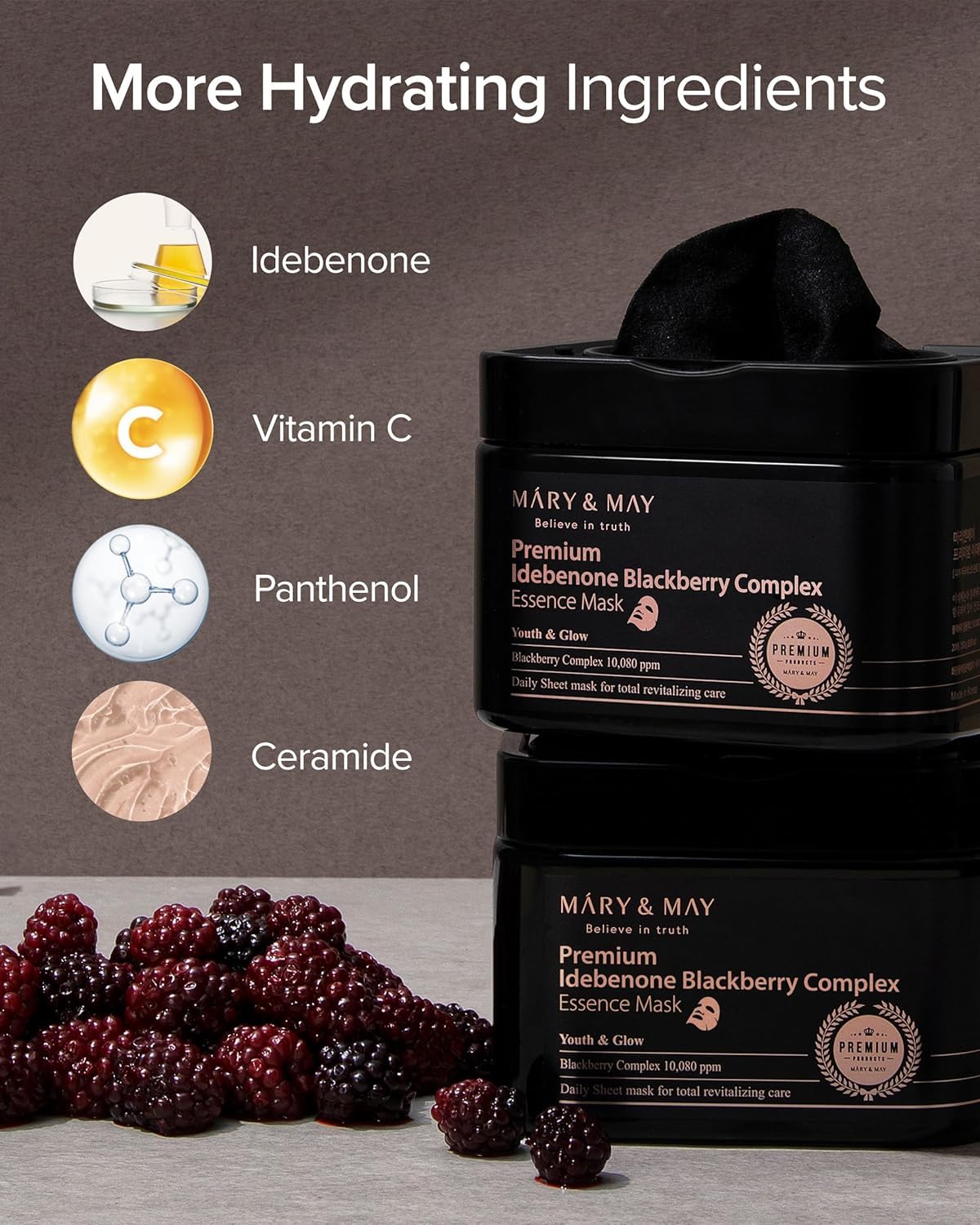 Mary&May Idebenone Blackberry Essence Mask, Bamboo Charcoal, 20 Sheets