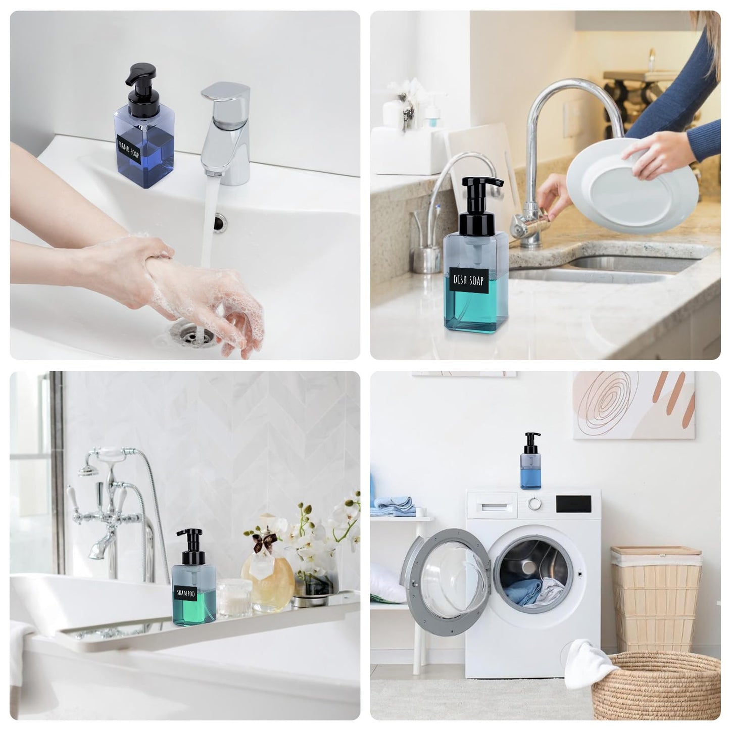 Segbeauty Empty Foam Soap Dispenser Pump Bottles 15.2oz 2pcs, Refillable Foaming Hand Soap Dispenser, 450ml Gray Foam Bottle with Waterproof Stickers, Plastic Square Liquid Foaming Container BPA Free