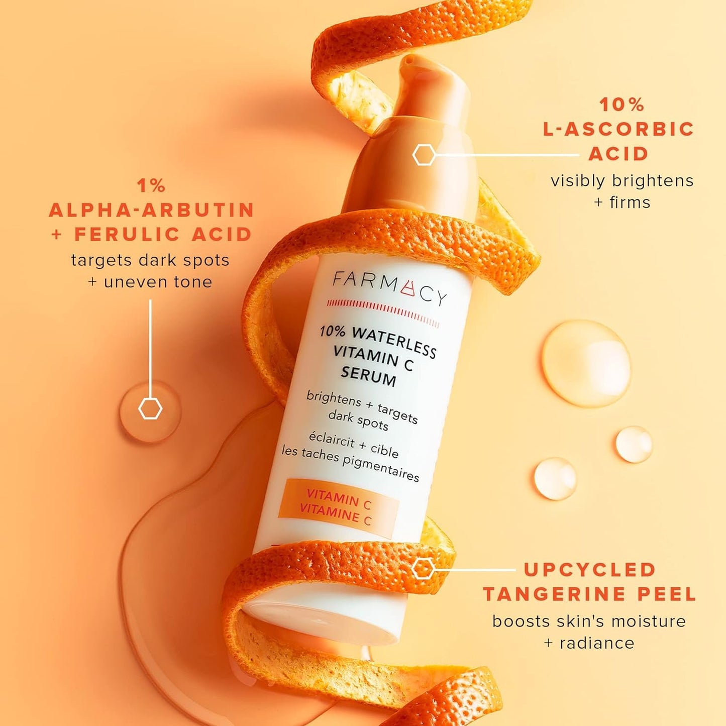 Farmacy 10% Vitamin C Face Serum - Waterless Vitamin C Skin Care Serum to Brighten, Firm + Smooth Skin Texture - Enriched with Upcycled Tangerine Peel to Boost Skin's Moisture + Radiance (5ml)