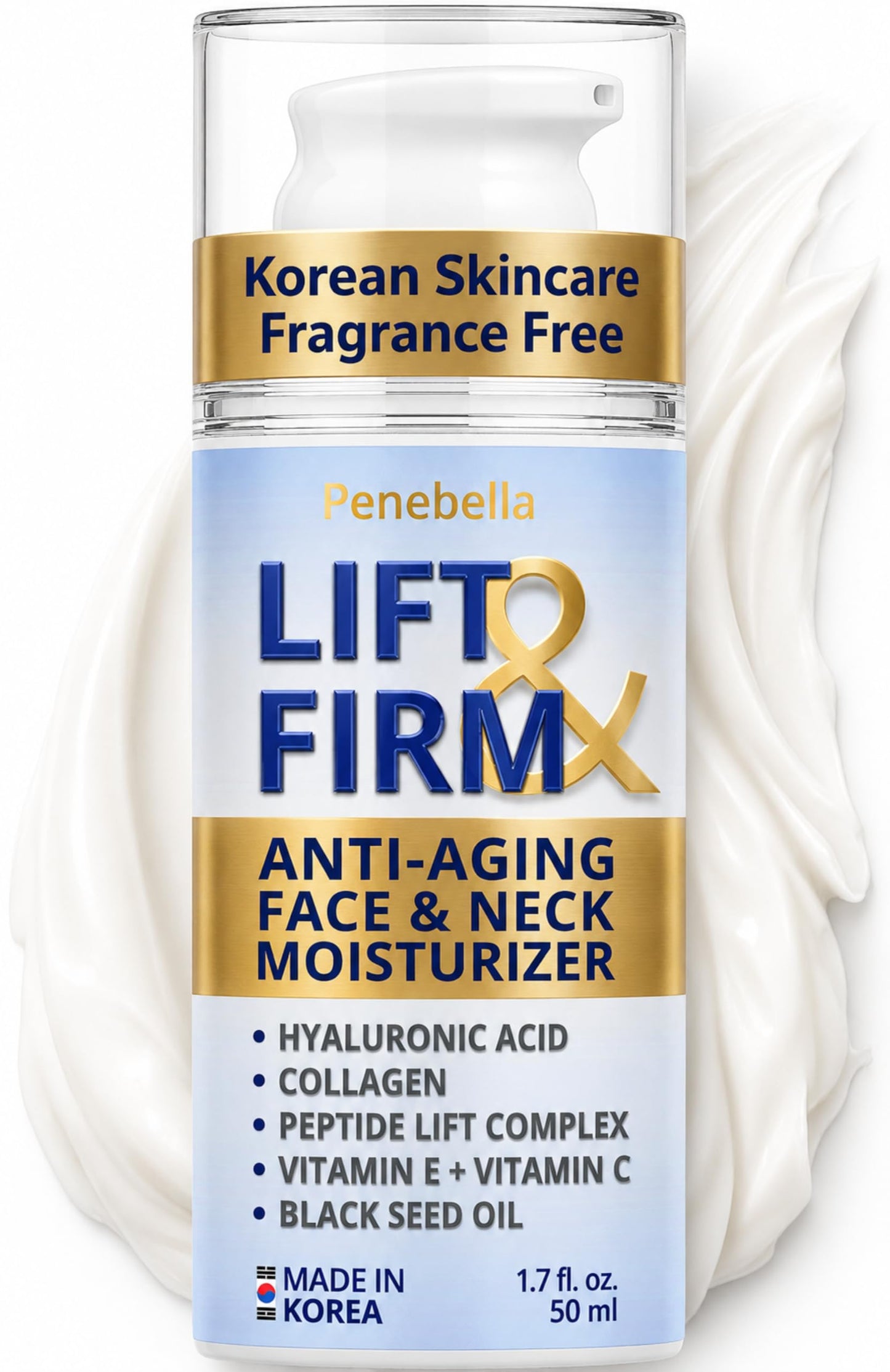 Korean Face & Neck Cream – Lift Peptide Complex – 7% Collagen + 2% Hyaluronic Acid Hydrating & Smoothing Moisturizer – Vitamin C & E Anti-Aging Tightening & Firming Treatment for All Skin Types