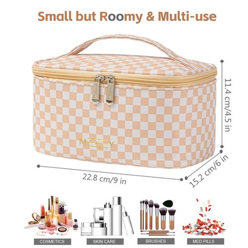 Meiyuuo Travel Makeup Bag Checkered Multi Color Portable Small Cosmetic Bags for Women Zipper Pouch Toiletry Bag Make up Organizer Waterproof Cute (Chess Plaid Khaki Beige)