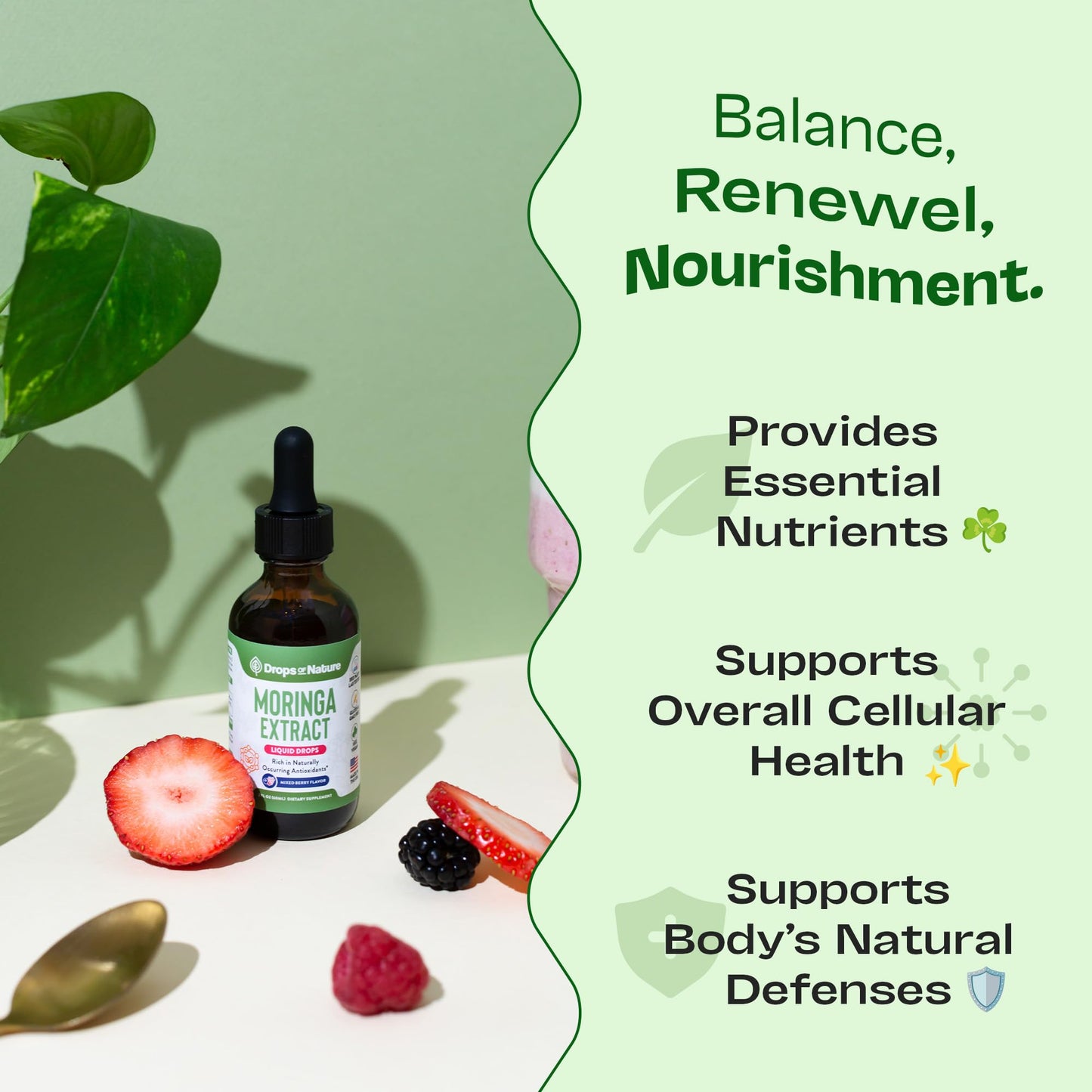 Moringa Liquid Drops Supplement – Vegan, Gluten Free – Greens Superfood Powder & Moringa Capsules Alternative – Mix with Tea Drinks – Packed with Antioxidants for Natural Vitality (Mixed Berry, 60 mL)