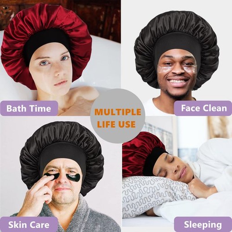 Bonnet for Men,Hair Bonnet for Sleeping,Double Layer Satin Bonnets for Black Women Curly Hair Braids,Reversible Sleep Cap (Large,Black/Burgundy)