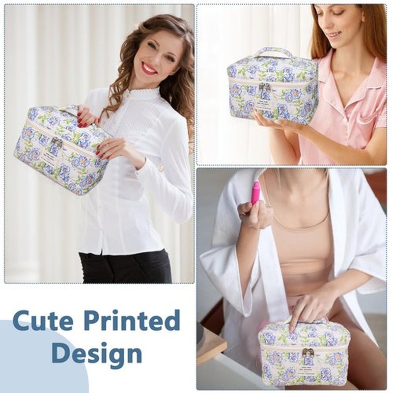 Large Makeup Bag, Cute Cosmetic Bag for Women Girls, Floral Coquette Aesthetic Toiletry Bag, Travel Make Up Organizer Bag (light blue)